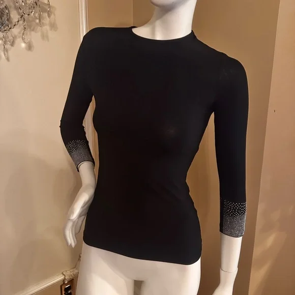 KIKIRIKI Black Long-Sleeve Crewneck Top with Crystal-Embellished Cuffs size S - Picture 3 of 15